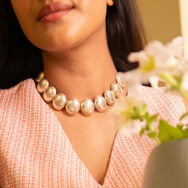 925 pure silver matte oval sequence choker necklace, alternate view