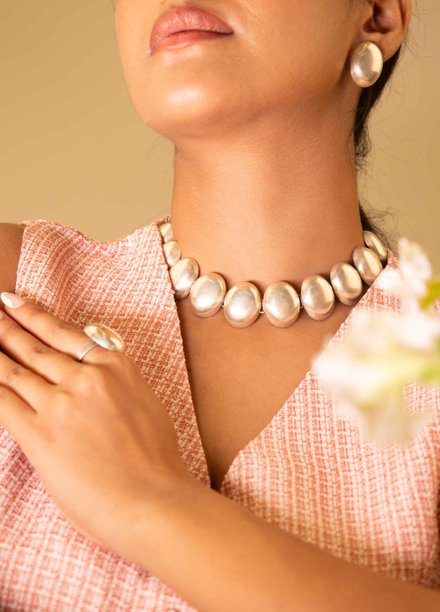 925 pure silver matte oval choker, earring and ring set, alternate view