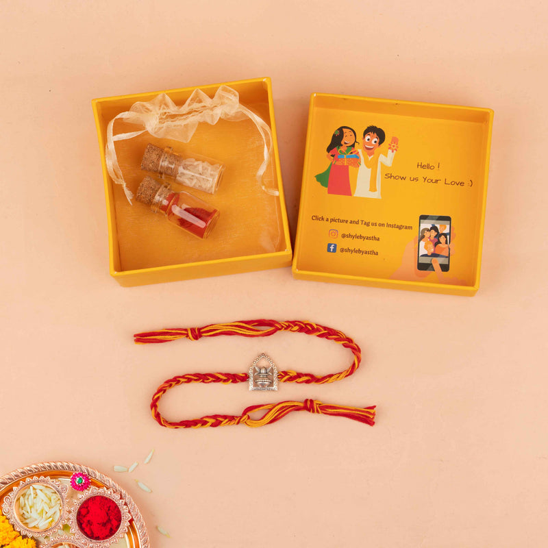 925 pure silver shubh kalash rakhi, close-up