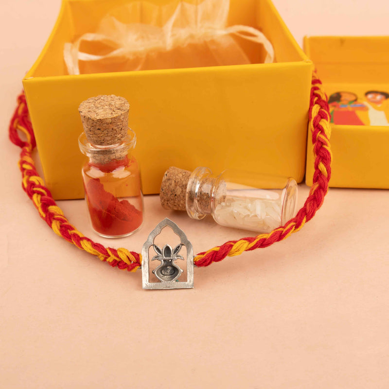 925 pure silver shubh kalash rakhi, reverse view