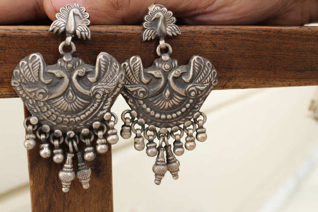 Anvaya Dual Peacock Embossed Art Earrings