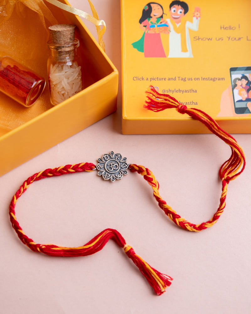 925 pure silver Om yantra rakhi, close-up