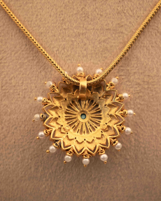 Anvaya Pearl Bordered Intricate Flower Gold Plated Pendant