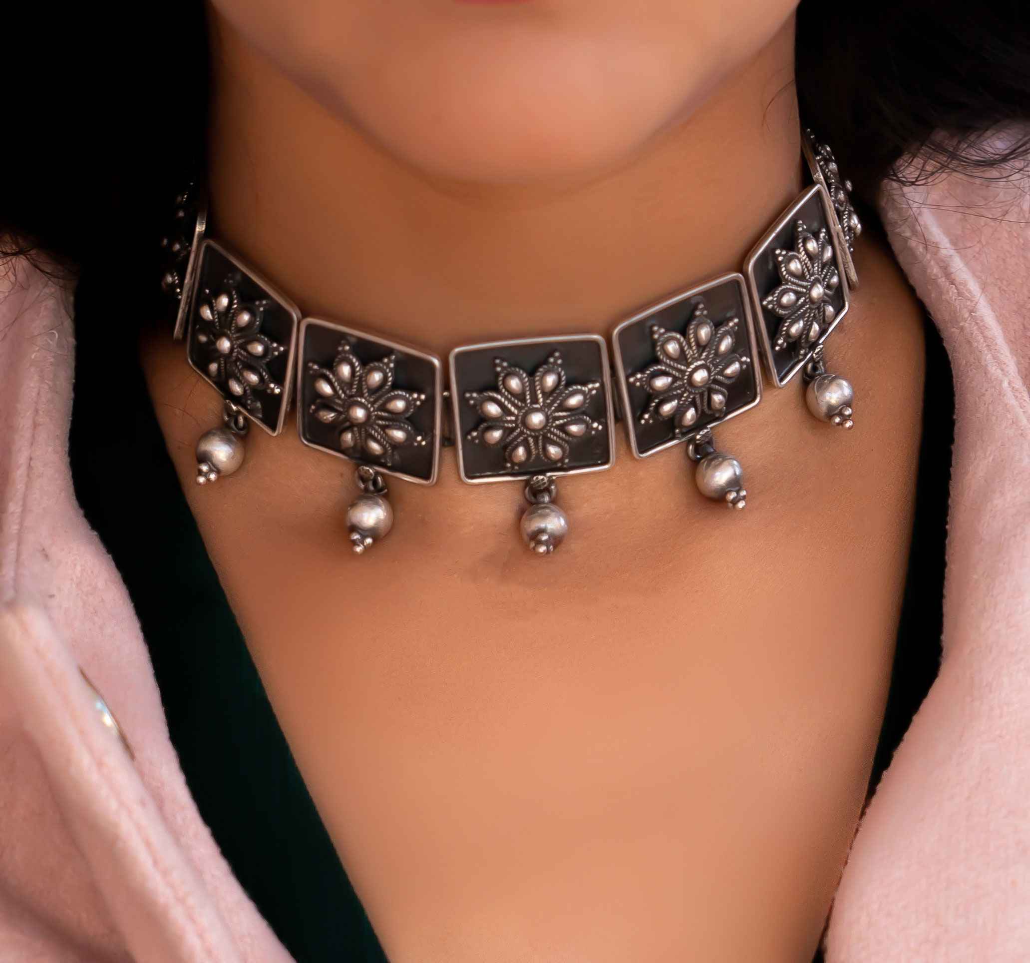 Anvaya Flower Embossed Ball drop Choker