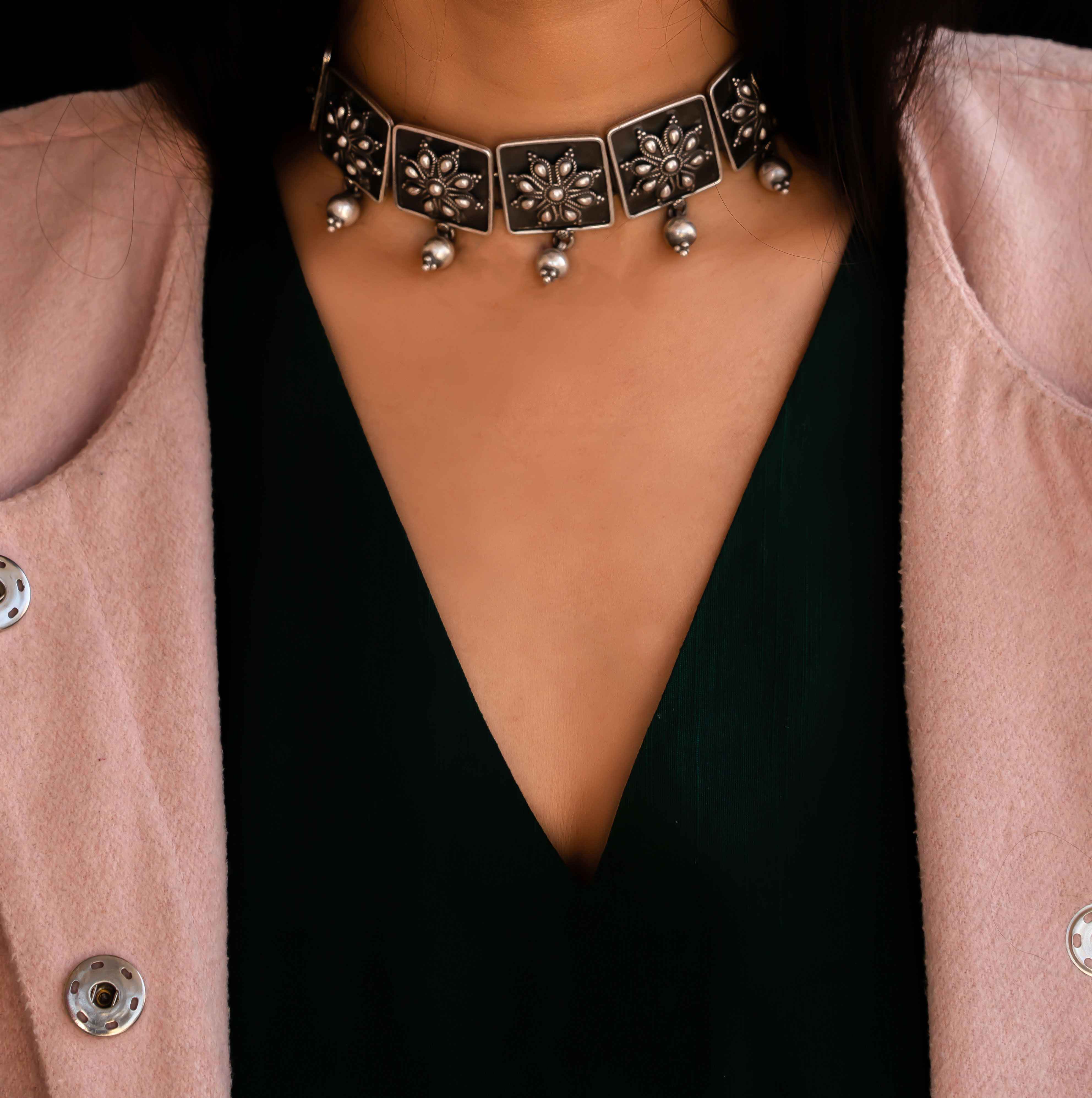 Anvaya Flower Embossed Ball drop Choker
