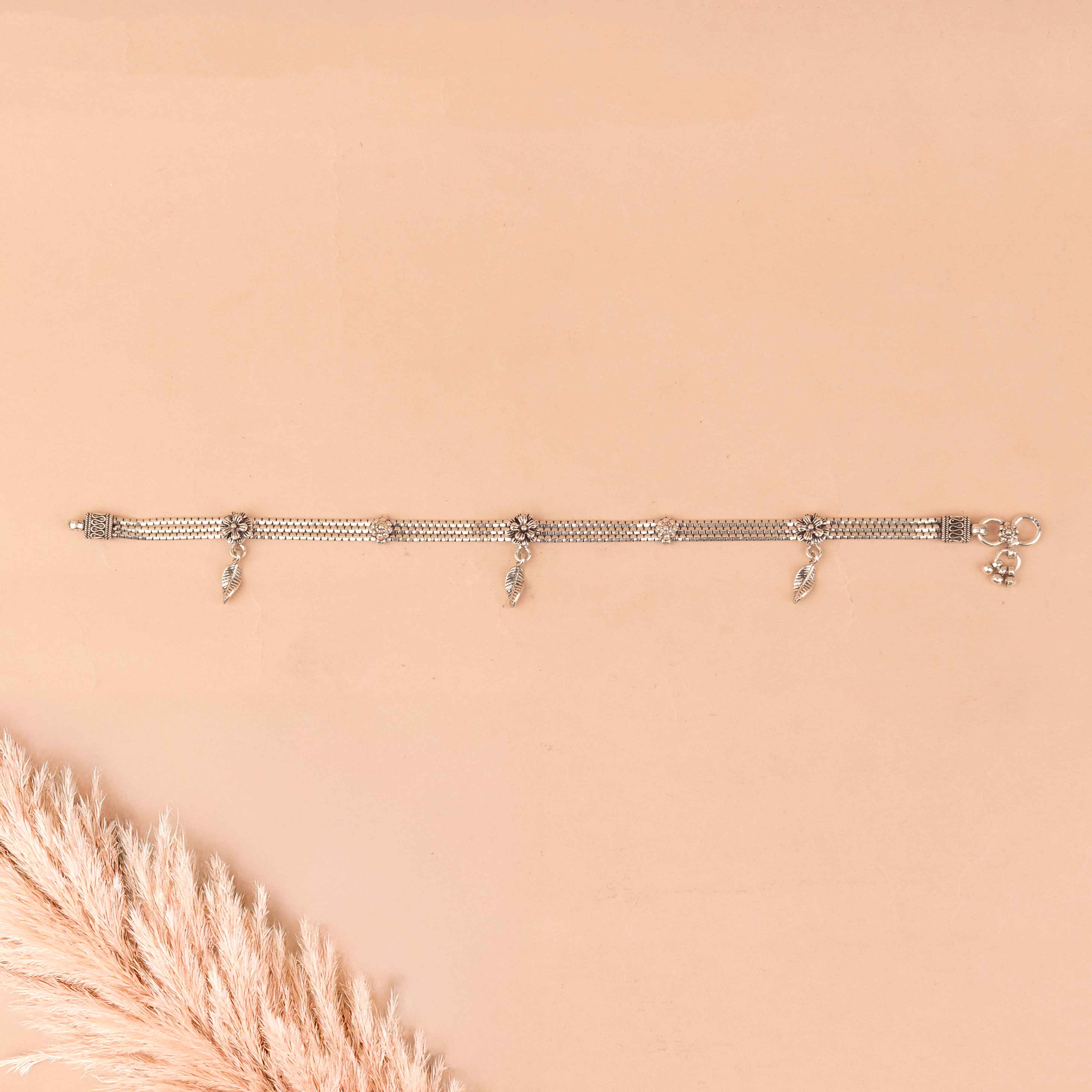 Anvaya Intricate Flower Leaf Drop Stacked Anklet Pair