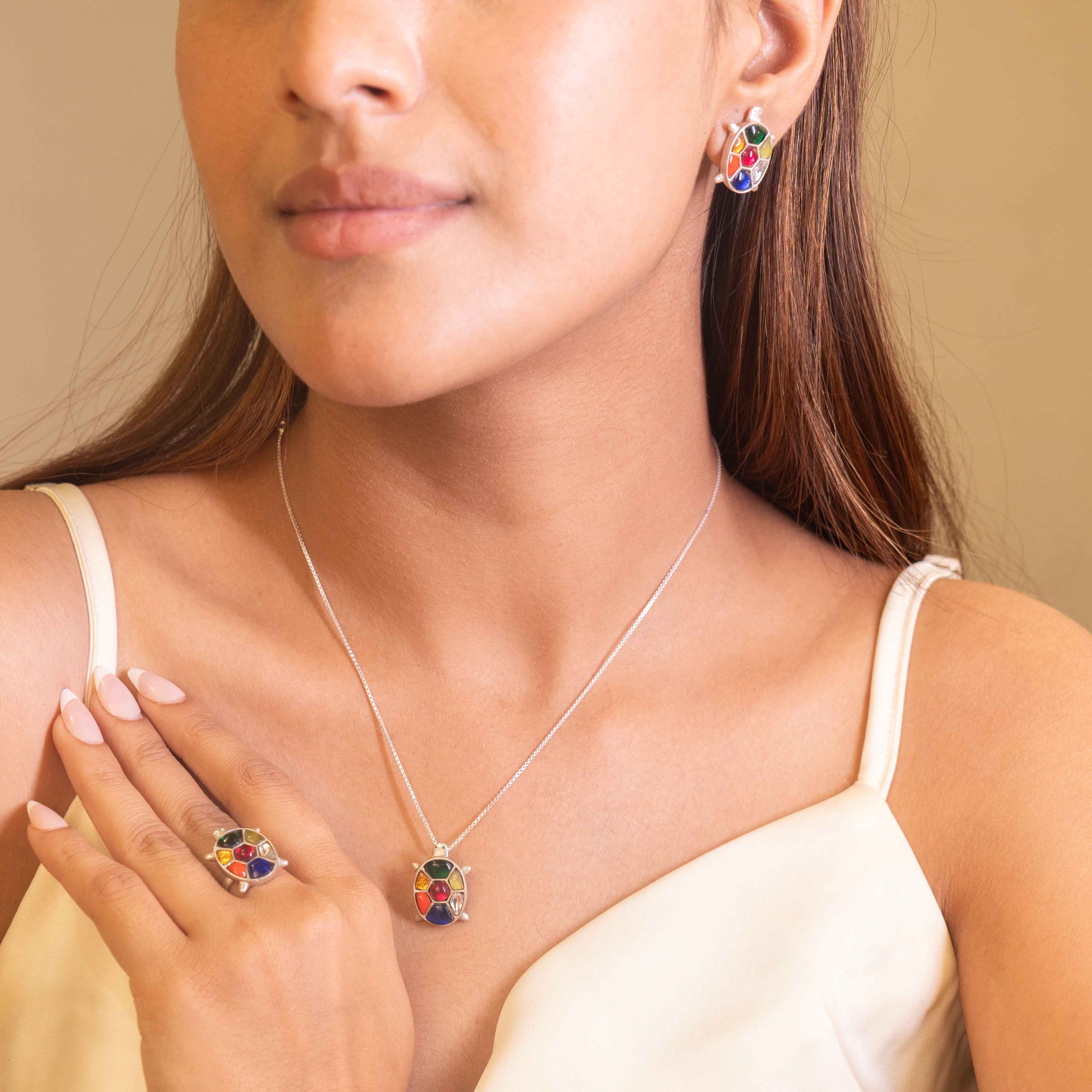 Anvaya Shaahi Tortoise Jadau Necklace Earring Ring Set