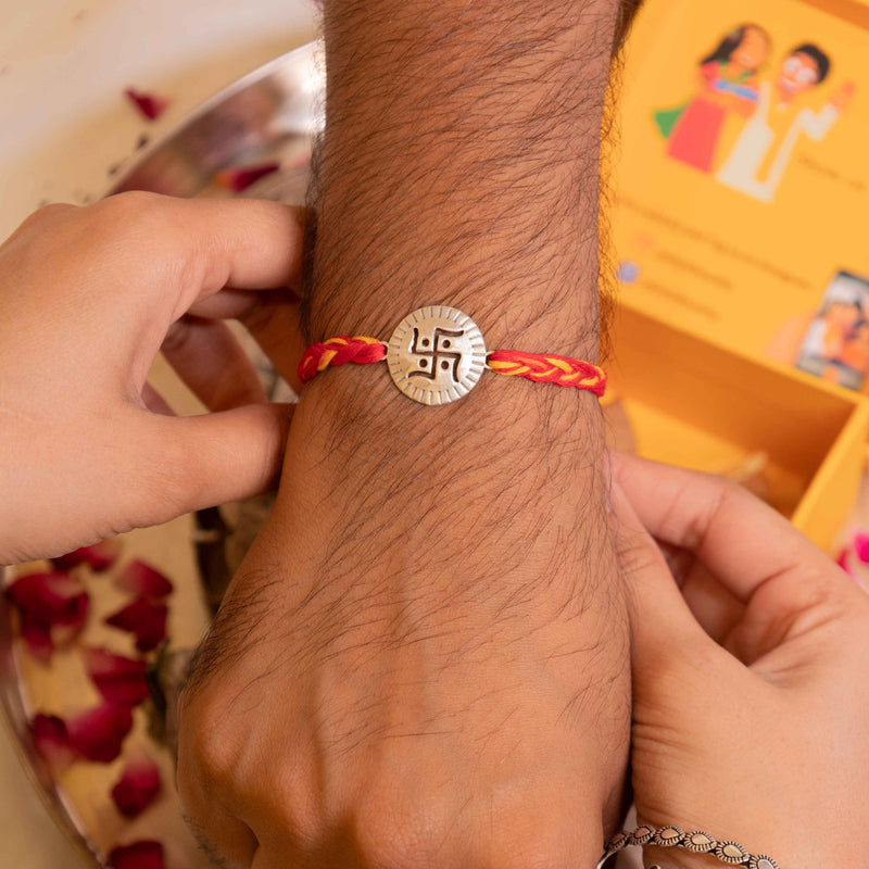 925 pure silver swastik shubh rakhi, detail view