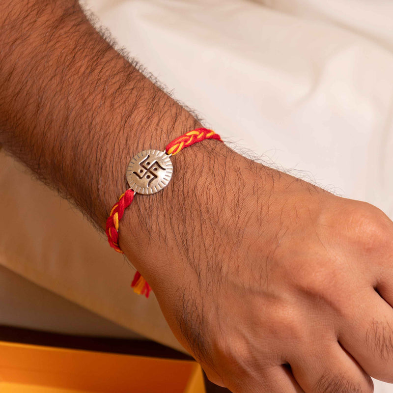 925 pure silver swastik shubh rakhi, alternate view