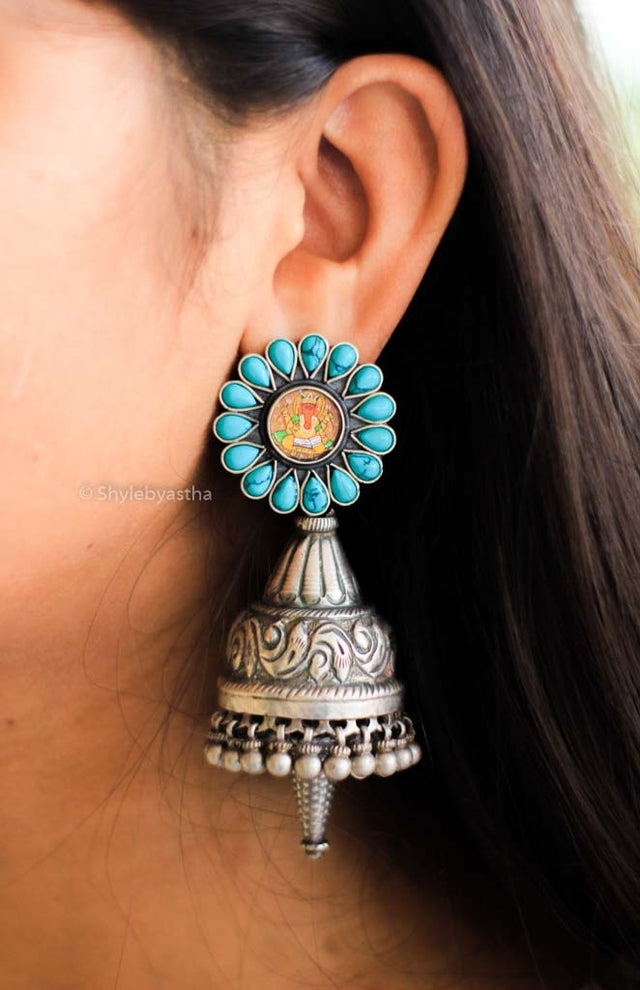 Jhumri Ganesha Handpainted Classic Turquoise Jhumka