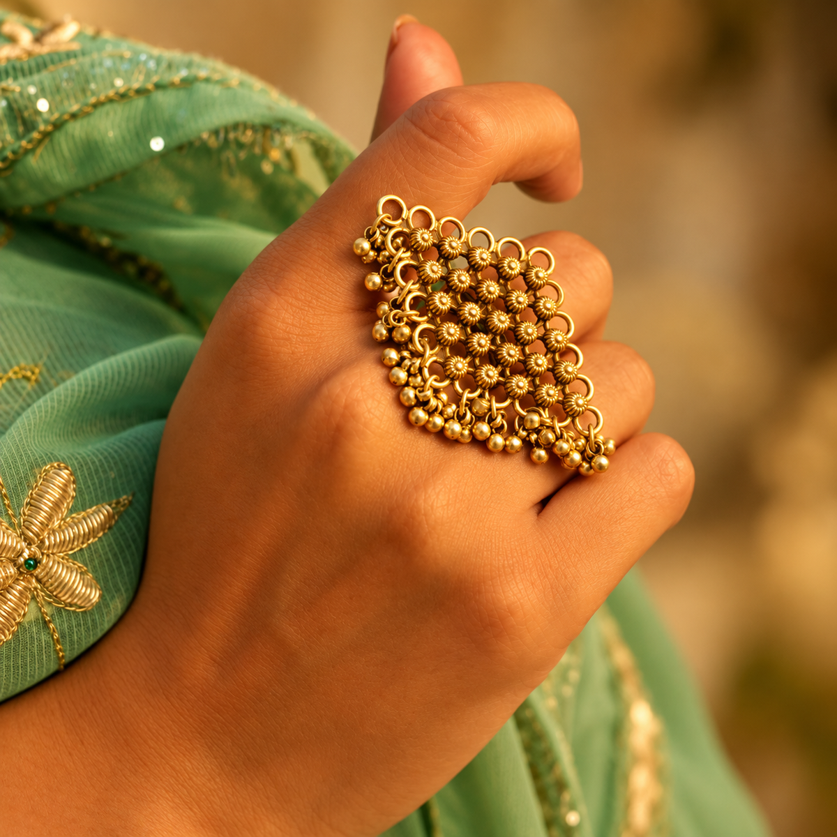 925 pure silver intricate jali ghughri statement ring, reverse view