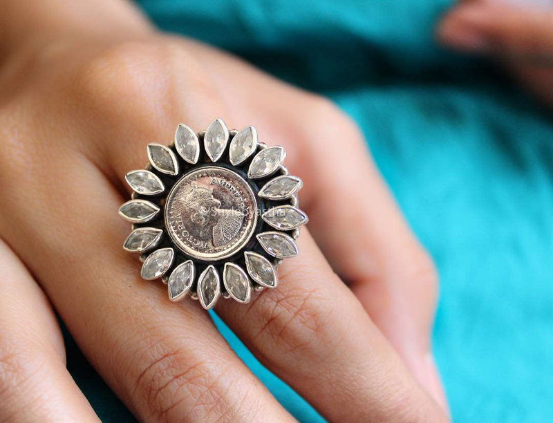 Essence Zircon studded Victorian Coin Flower Ring