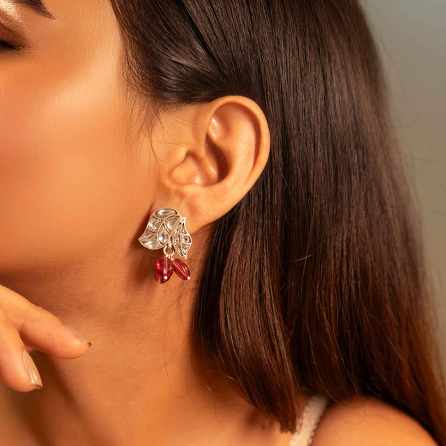 Essence Dual Leaf Kundan Pink Drop Earring