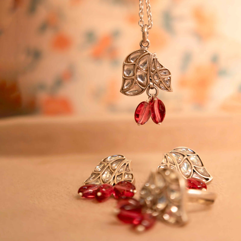 Essence Dual Leaf Kundan Pink Drop Necklace Earring Ring Set