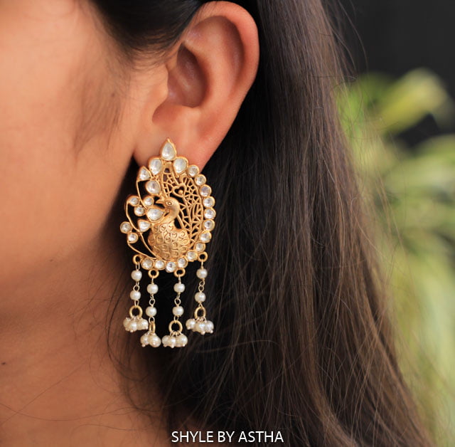 Tattva Finely Carved Peacock Plated Earrings