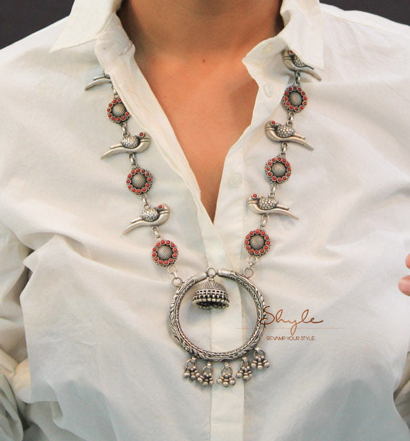 Anvaya Parrot Chitai Drop Jhumka Necklace