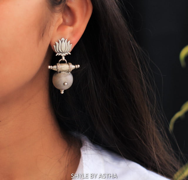 Adya Lotus Motif Textured Drop Earrings