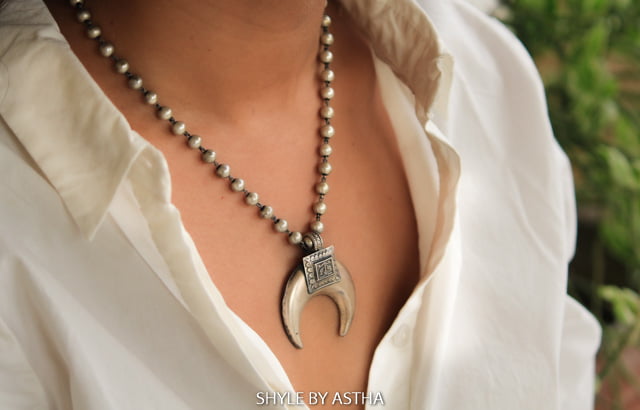 Moh Tribal Motif Crescent Moon Ball Necklace