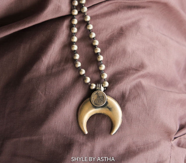 Moh Quirky Crescent Moon Victorian coin Ball Necklace