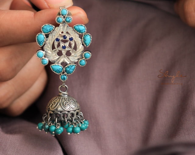 Essence Jodhpuri Intricate Motif Turquoise Drop Jhumki