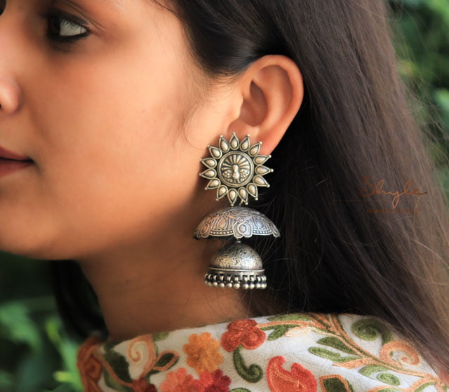 Tattva Dancing Peacock Motif Intricate Chatri Jhumka
