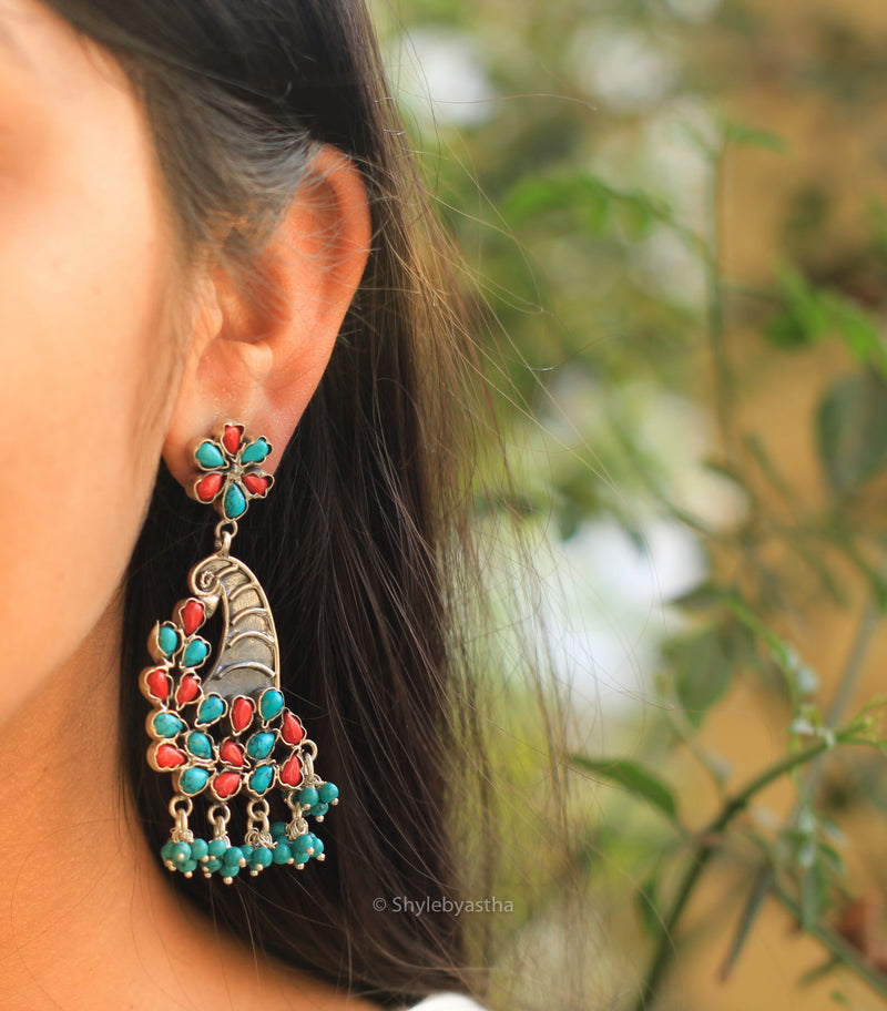 Dulari Turquoise Coral Peacock Earrings