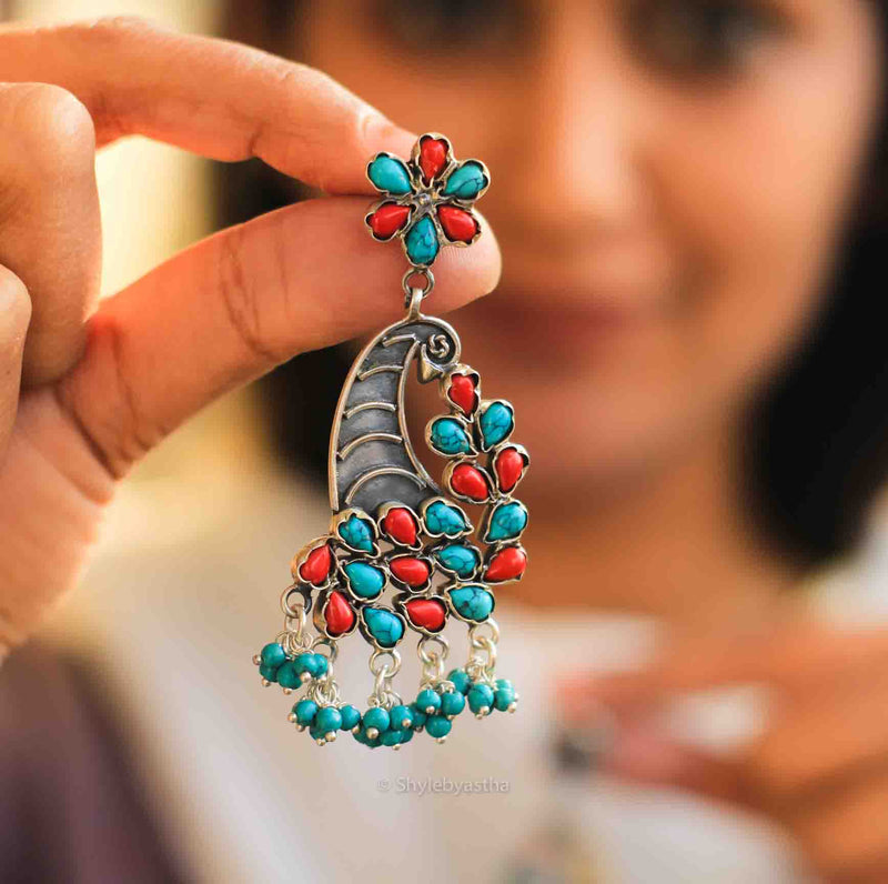 Dulari Turquoise Coral Peacock Earrings