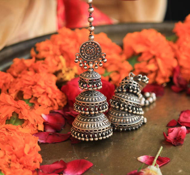 Tattva Intricate Triple Layered Jhumka front