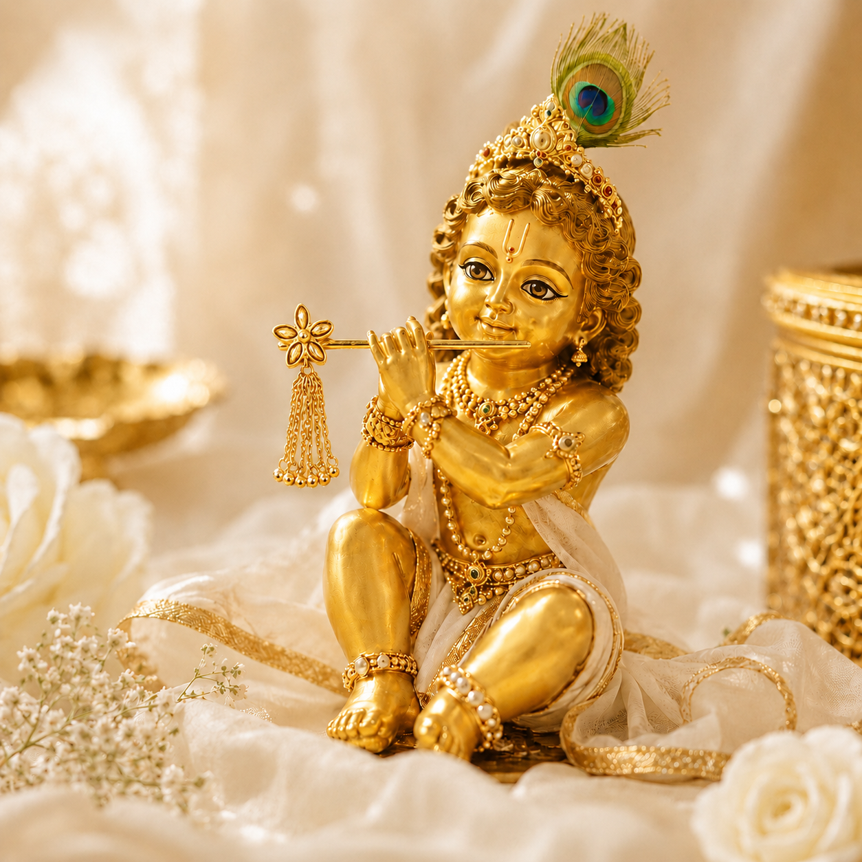 Laddu Gopal Ji Kundan Flower Drop Murli