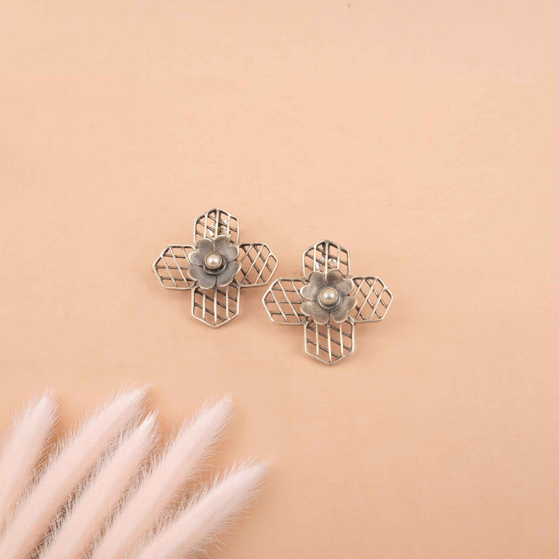 Mizoya Embossed Flower Jali Necklace Earring Ring set