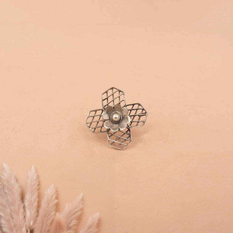 Mizoya Embossed Flower Jali Necklace Earring Ring set