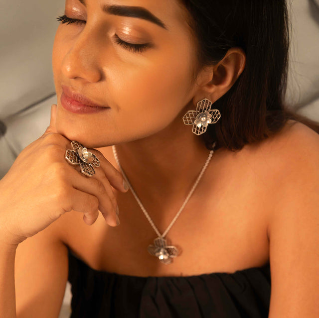 Mizoya Embossed Flower Jali Necklace Earring Ring set