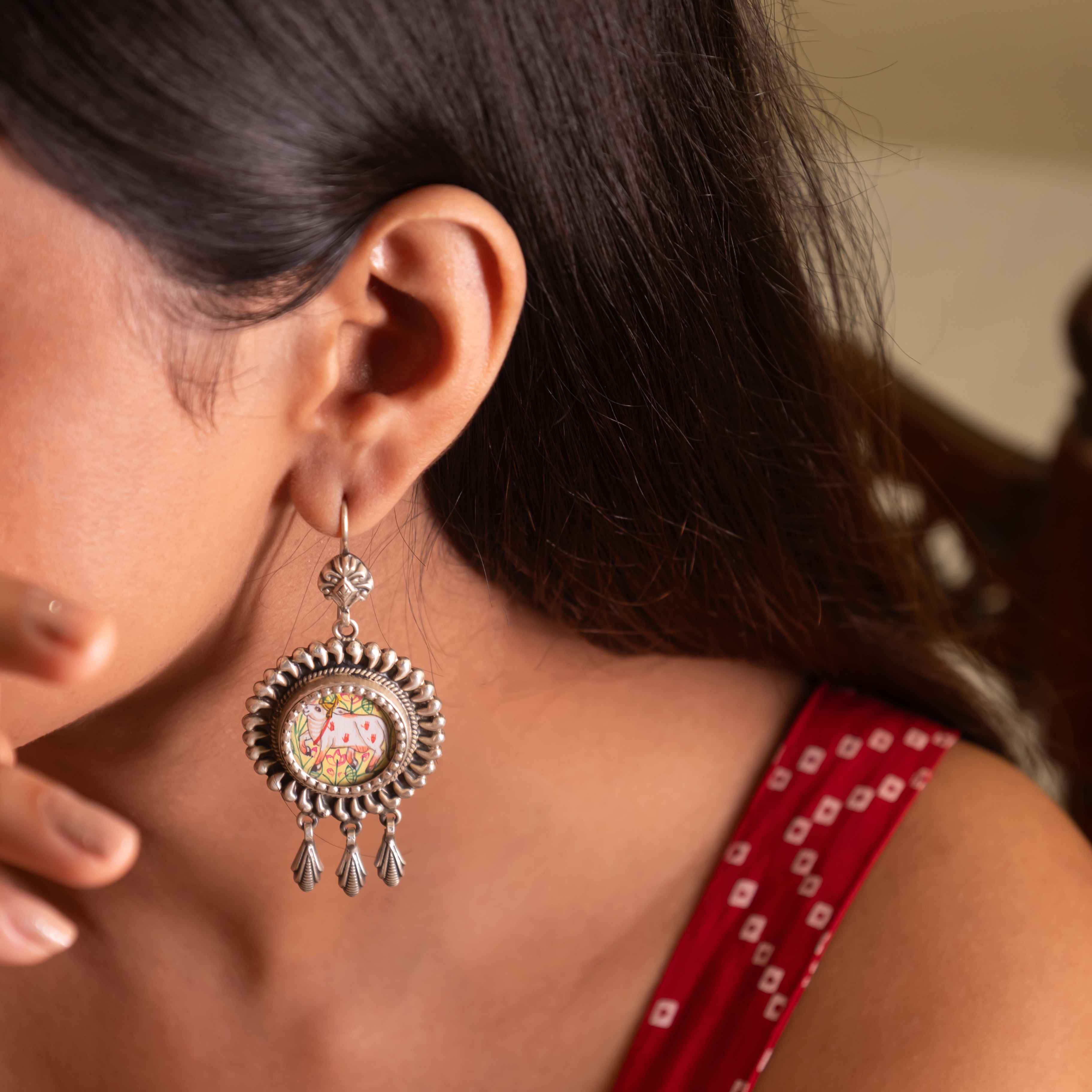 Mizoya Pichwai Cow Handpainted Earring