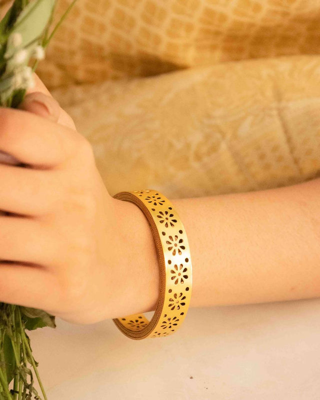 Moh Gold Plated Carved Flower Statement Kada