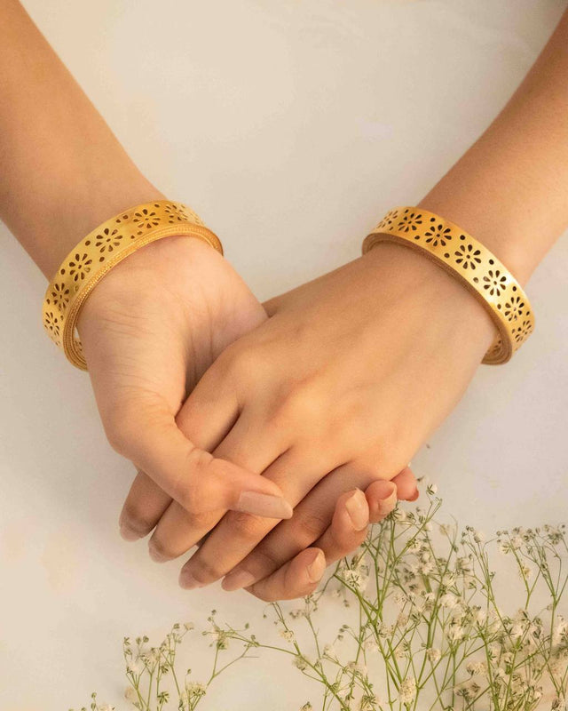 Moh Gold Plated Carved Flower Statement Kada