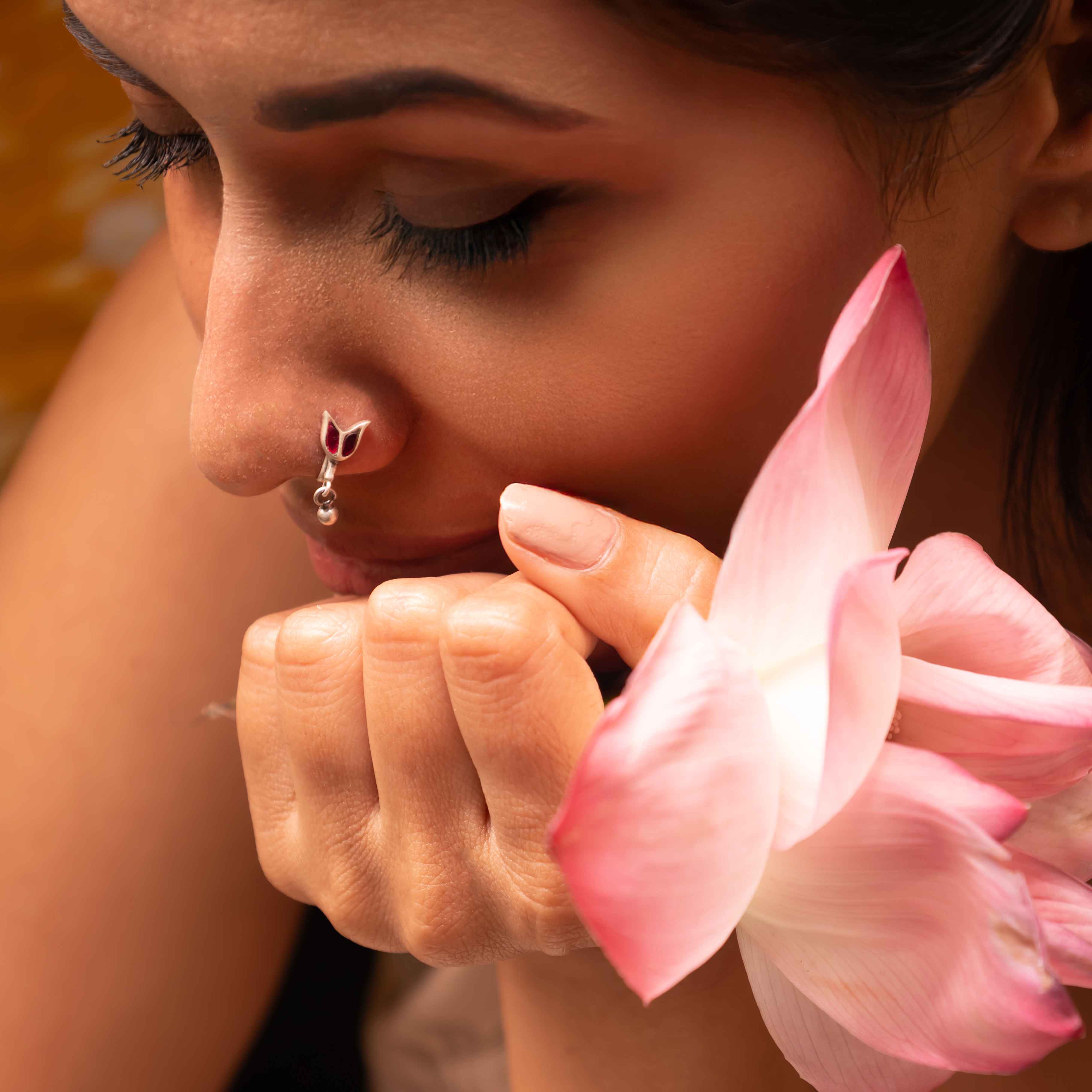 Moh Kundan Lotus Ball Drop Non Pierced Nose Clip on