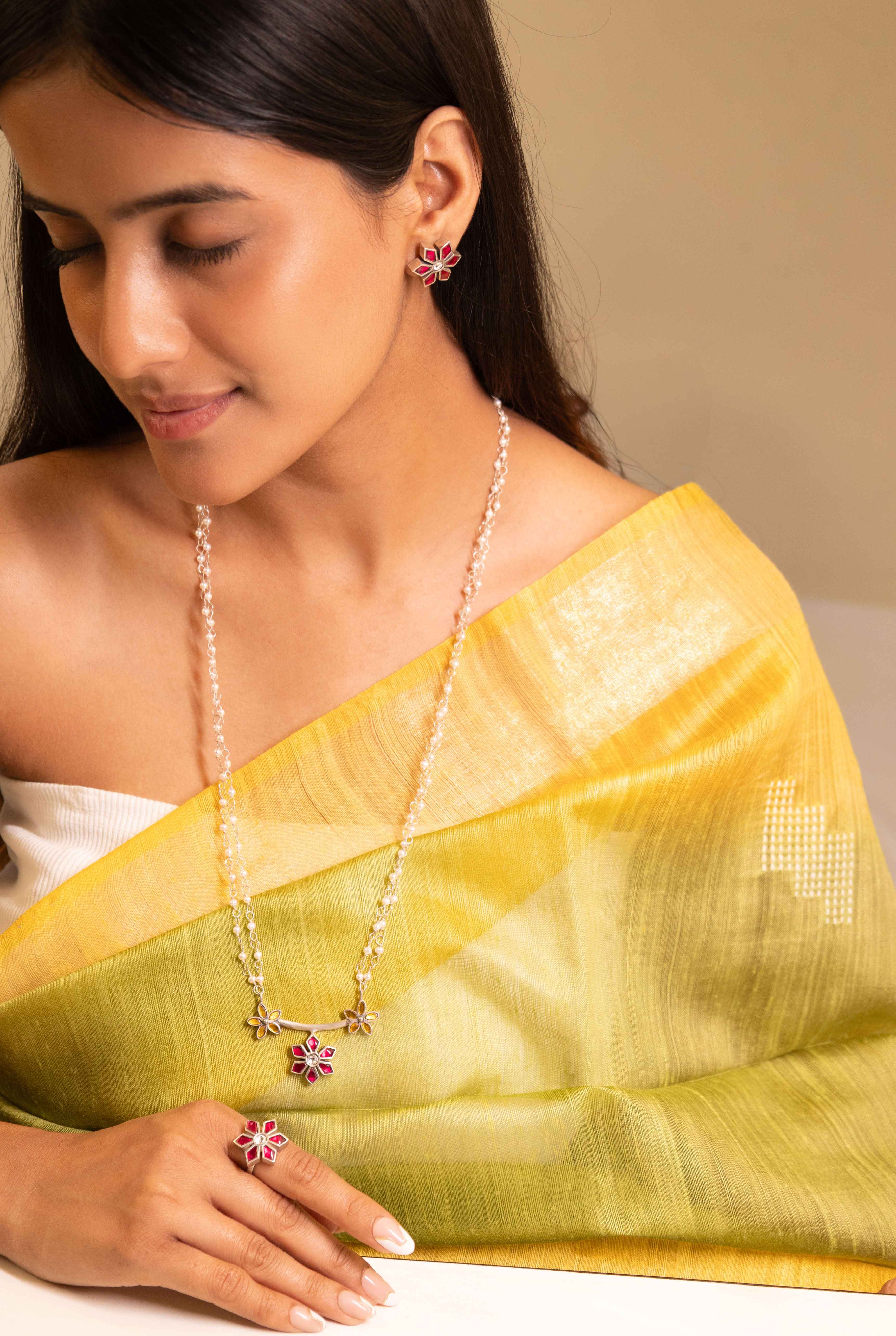 Moh Kundan Phool Pearl Necklace Earring Ring Set