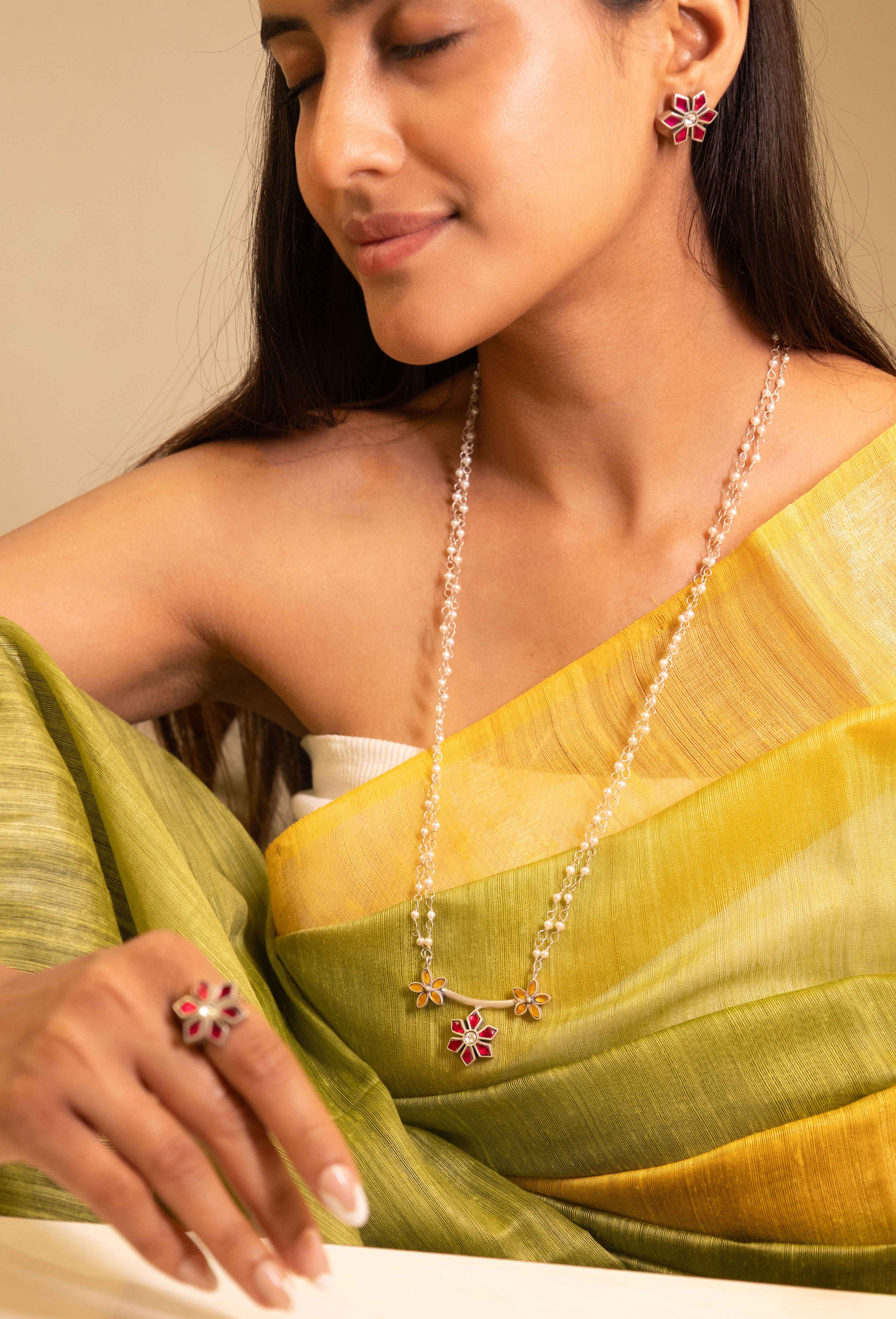 Moh Kundan Phool Pearl Necklace Earring Ring Set