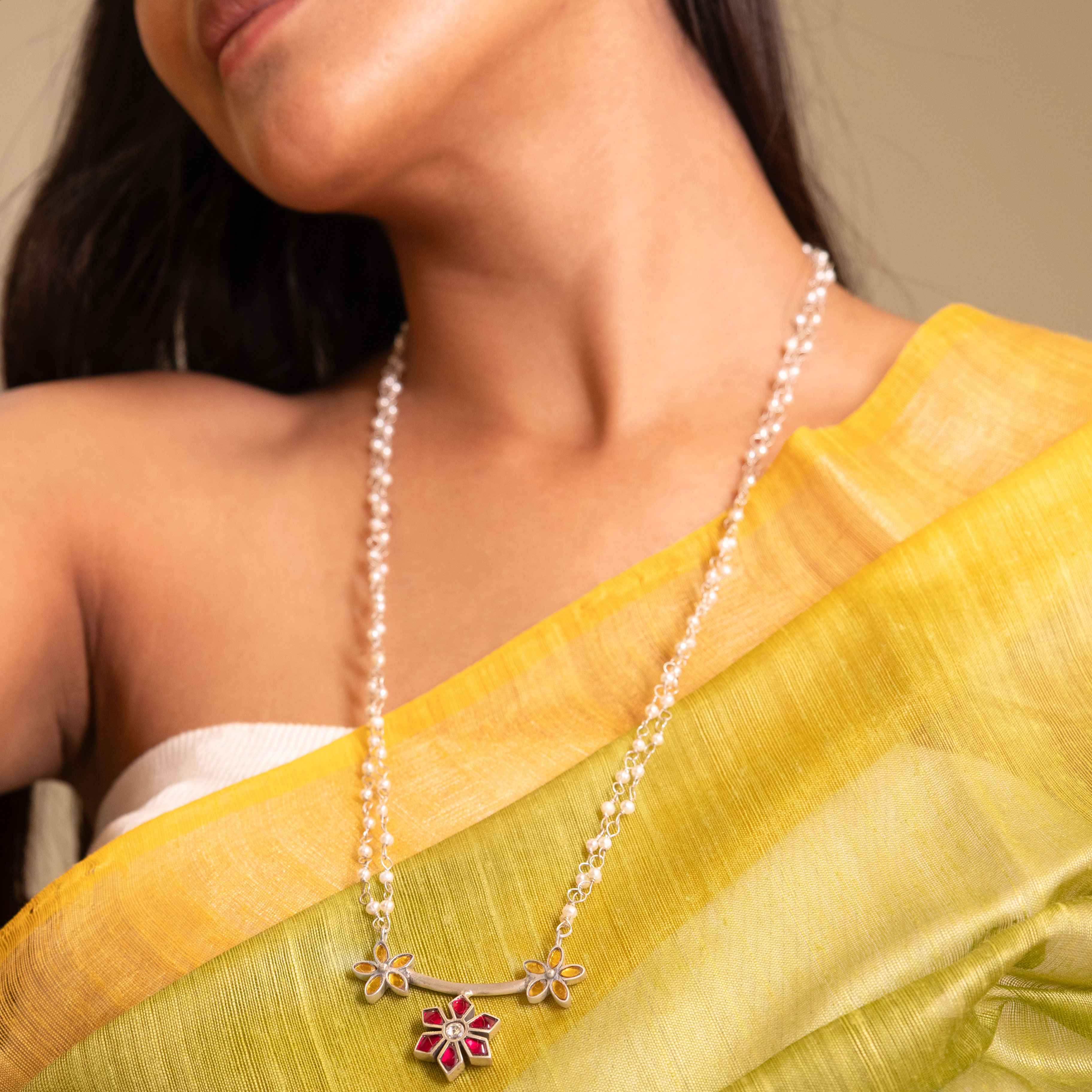 Moh Kundan Phool Pearl Necklace Earring Ring Set