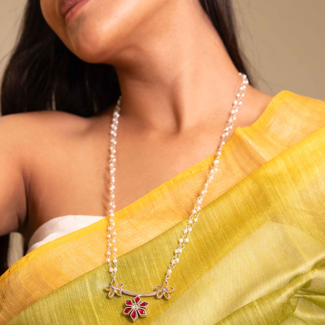 Moh Kundan Phool Pearl Necklace Earring Ring Set