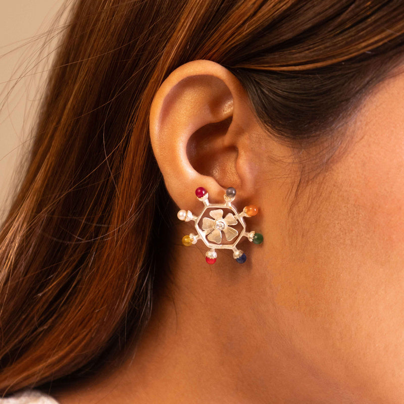 92.5 sterling silver Moh Navratan Floral Earrings, view 4