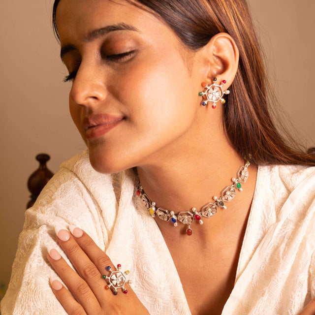 Moh Navratan Floral Necklace Earring Ring Set