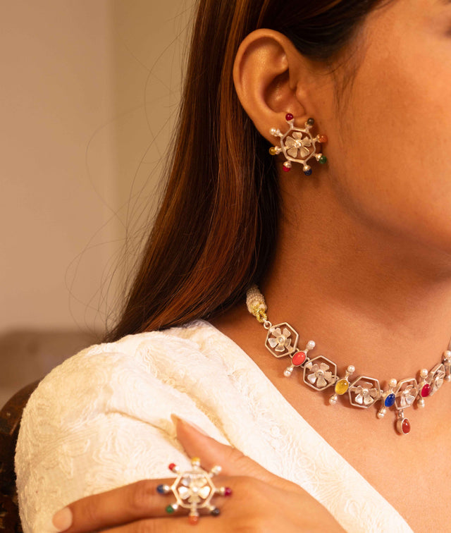 Moh Navratan Floral Necklace Earring Ring Set
