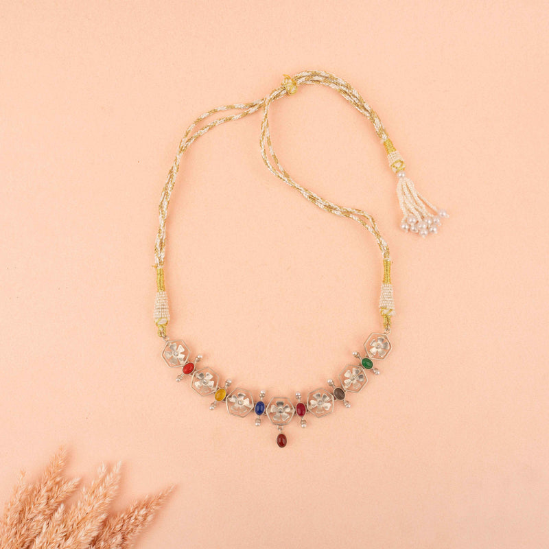 Moh Navratan Floral Necklace Earring Ring Set