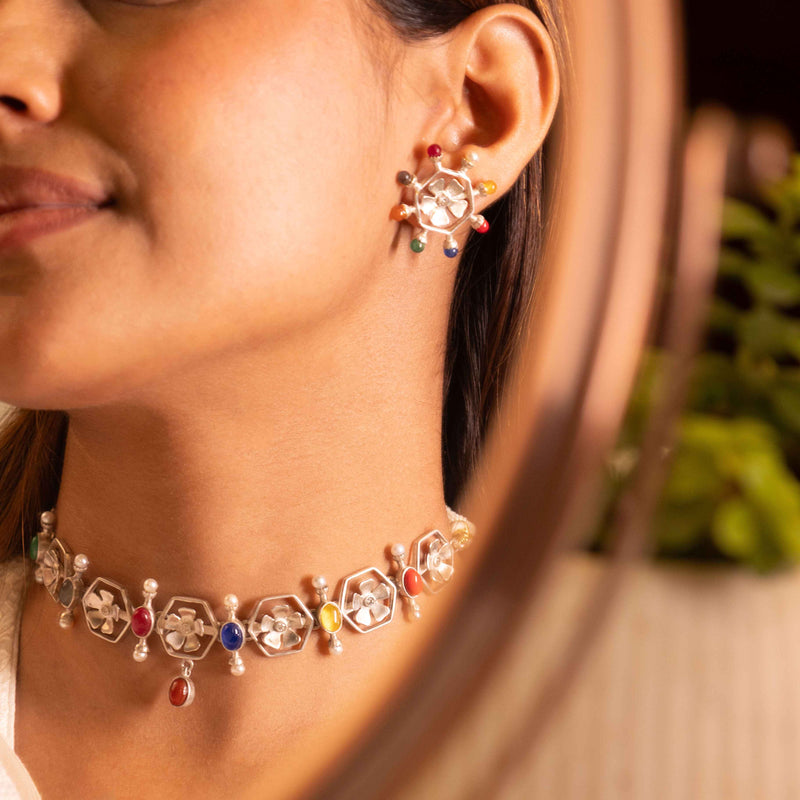 Moh Navratan Floral Necklace Set