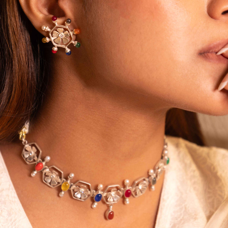 Moh Navratan Floral Necklace Set