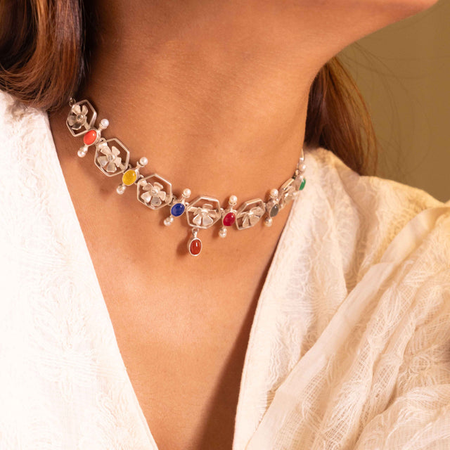Moh Navratan Floral Necklace Set