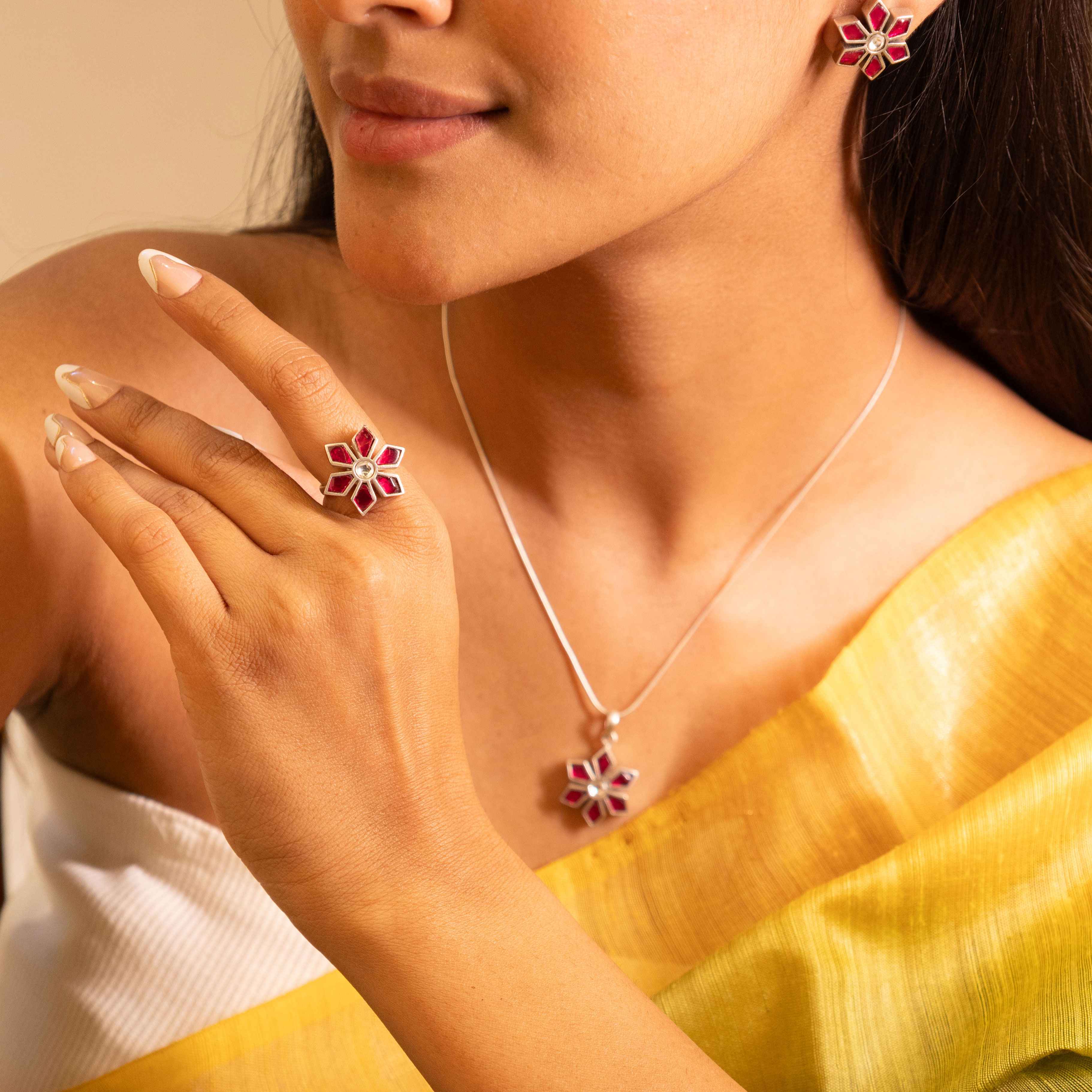 Moh Raani Kundan Phool Necklace Earring Ring Set