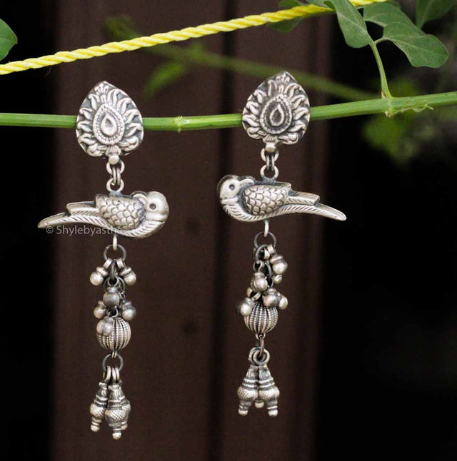 Oxidized Hanging Parrot Silver Earrings