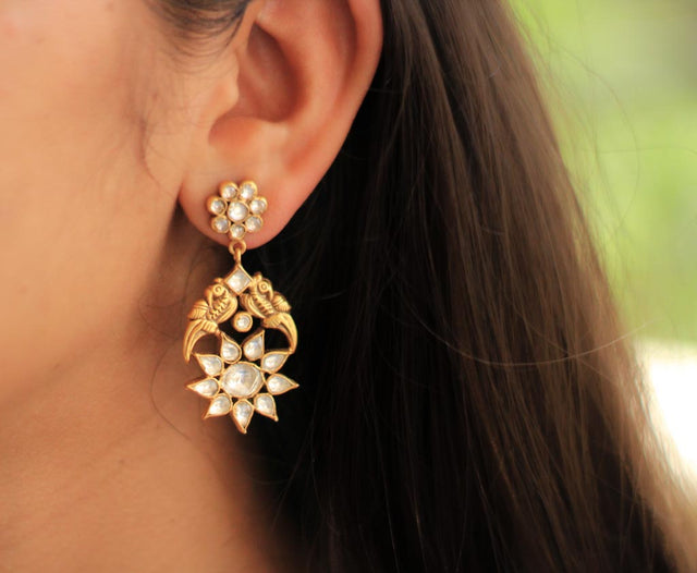 Essence Kundan Jadau Gold Plated Dual Parrot Earrings